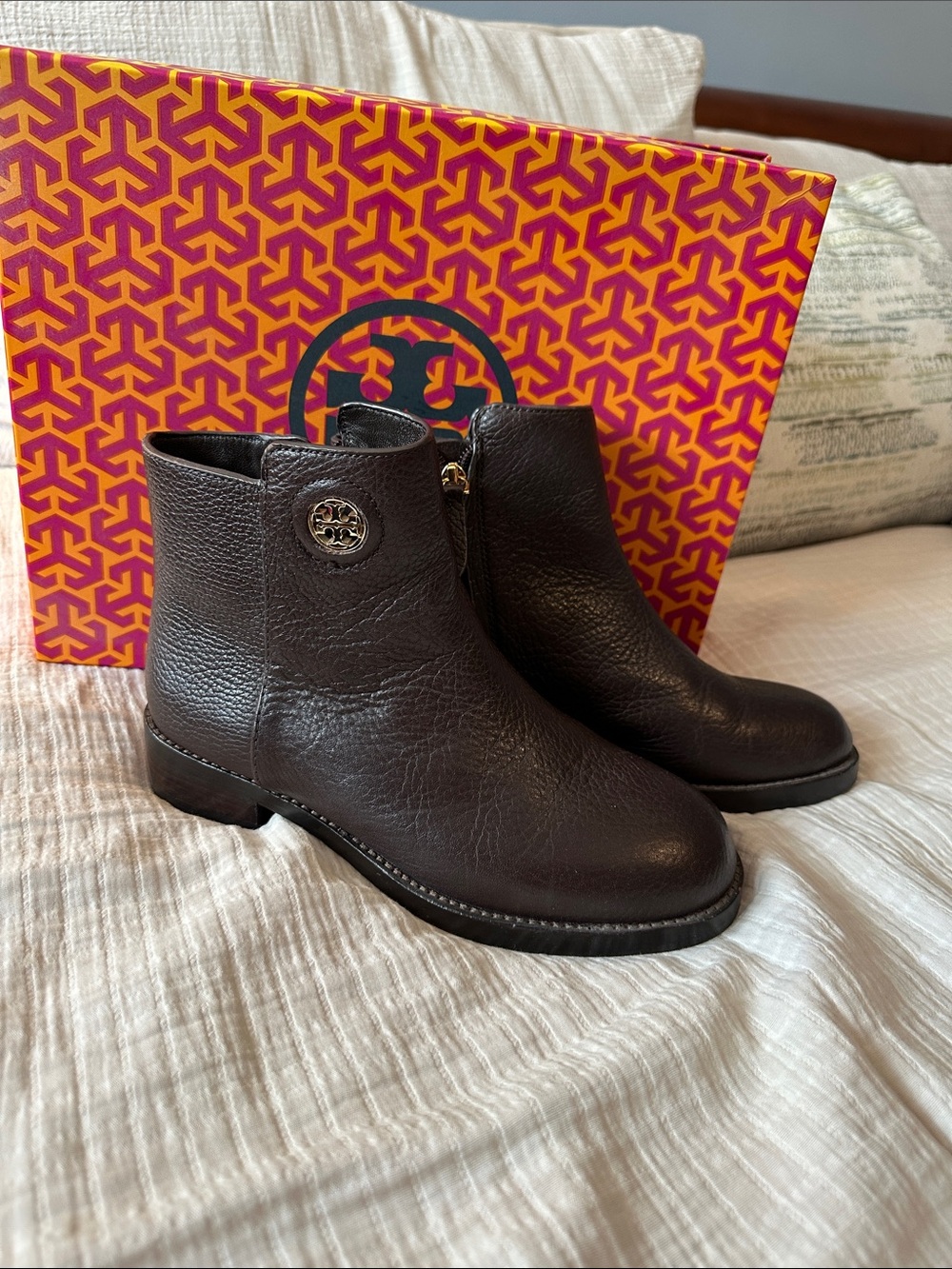 Tory Burch Dark Brown Leather Short Boots with Logo Medallion
